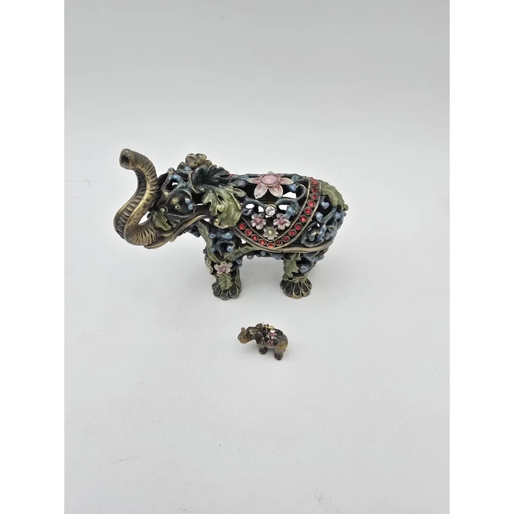 Elephant Ornate Hinged Trinket Box Figurine With Jewelry Charm Jeweled Enamel
